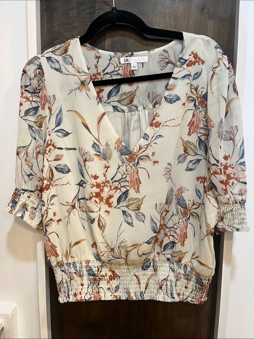 DR2 Cream Floral V-Neck Smocked-Hem Blouse with Blue & Rust Print